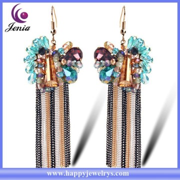 Bohemia style long tassel earring beautiful crystal 18k solid gold earring ( YWE2015072)
