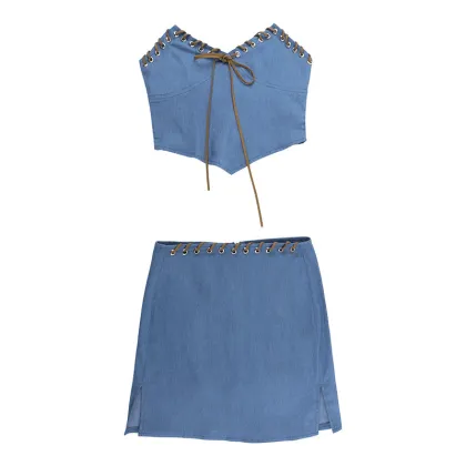 Strap Denim Strapless Top and Short Skirt Two-Piece Set