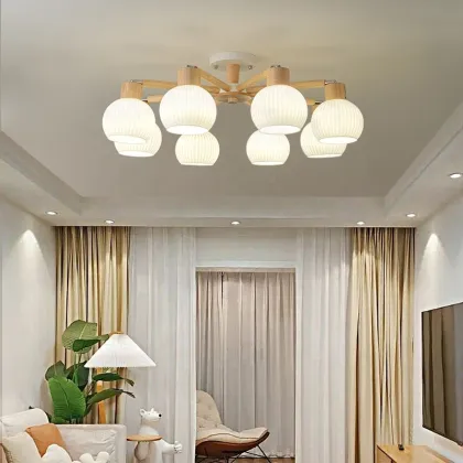 Japanese Wooden Chandelier E27 Glass Pendant Lighting for Restaurant Bedroom