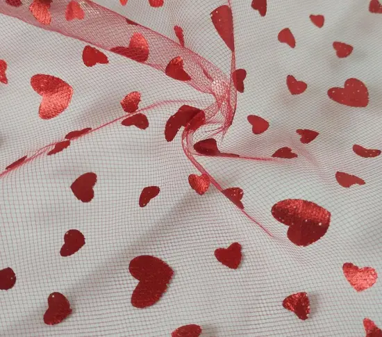 Square tulle fabric with foil red heart