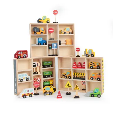 Wooden Toddler Transportation Toy Set - 8 Pcs Simulation Vehicles & Street Signs