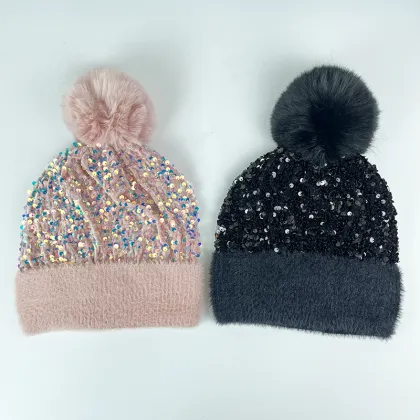 Wholesale High Quality Big Fake Fur Shiny Pom Pom Beanie Hat