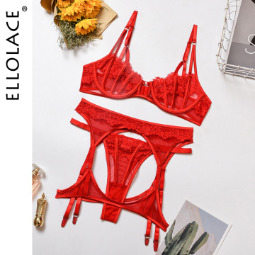 Ellolace Lace Lingerie Set See Through Underwear Set Transparent Including Wire Bralette and Thong 3 Piece Bra Set Sexy Lingerie