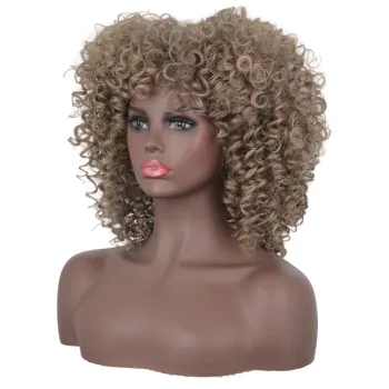 Afro Kinkys Curly Hair Wigs with Bangs Shoulder Length Wig Synthetic Heat Resistant Curly Full Wig for Black women