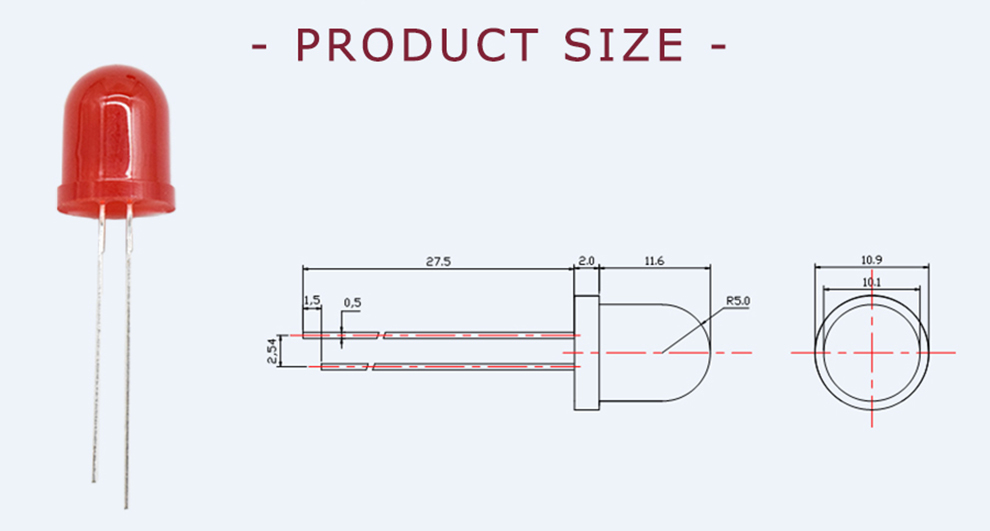 1004FRD62D3L14 10mm red LED with red diffused lens Size