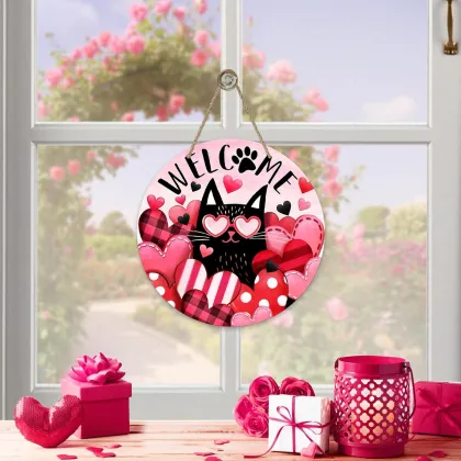 Valentine Black Cat Wooden Welcome Sign