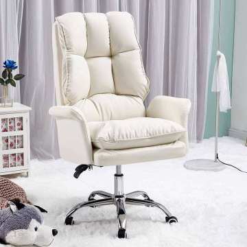 Plush White PU Leather Rotating Gaming Office Chair