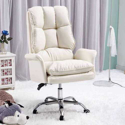 Plush White PU Leather Rotating Gaming Office Chair