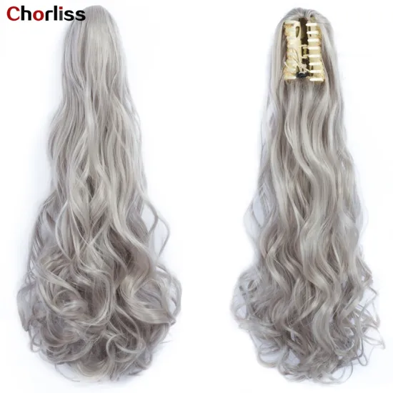 Wholesale Grey Curl Natural Wave Claw-Clip Drawstring Ponytail Extension Hairpiece Synthetic Hair Ponytails For Women Girl