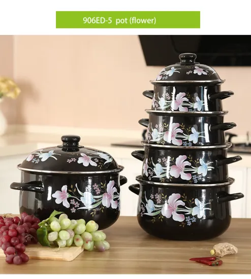 5PCS Set Both Side Black Flower Enamel Casserole