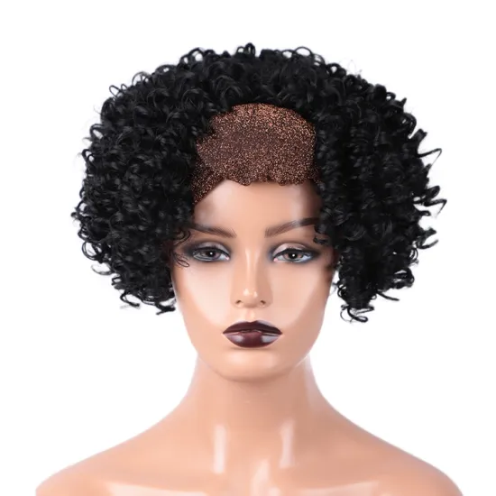 Wholesale Hair Ajustable Grip Cheap Full Attached Kinky Curly For White Black Women Brown Syntehtic Headband Wig