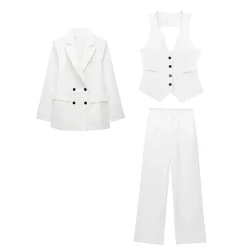 Women's Double-Breasted Solid OL Suit: 3-Pieces Set with Long Sleeves Blazer, Loose Trouser, and Elegant Vest