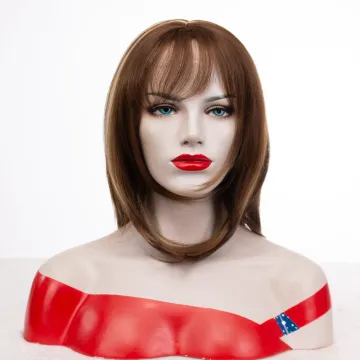 Wholesale wigs brown natural straight highlights blonde color wig with natural bangs synthetic hair wigs for women