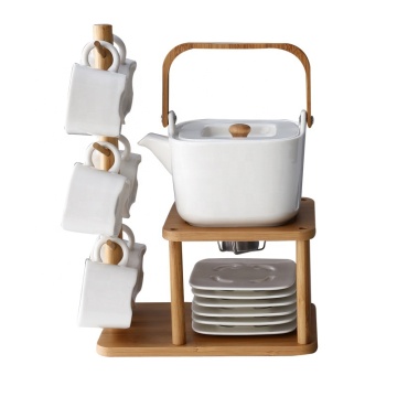 Chinese Porcelain Tea Set with Coffee Service and Wooden Holder - Gift Set with Teapot and 6 Cups with Saucers