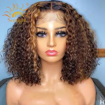 Sunlight Free sample cheap curly virgin human hair short bob lace wigs curly peruvian lace front curly wig bob hair