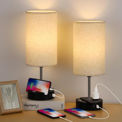 3 Way Dimmable Small Table Lamps Nightstand Lamp with Dual-USB-Charging-Ports & AC-Outlet Factory