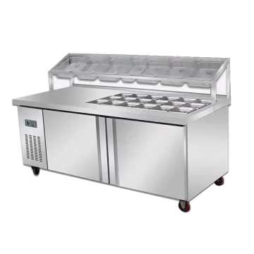 Stainless Steel Salad Table with Rack, Dishes, Pizza Spreader, and 220V Refrigerator