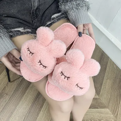 Women fur slippers Female indoor home lovely cartoon rabbit fur slippers Non-slip warm plush slides slippers
