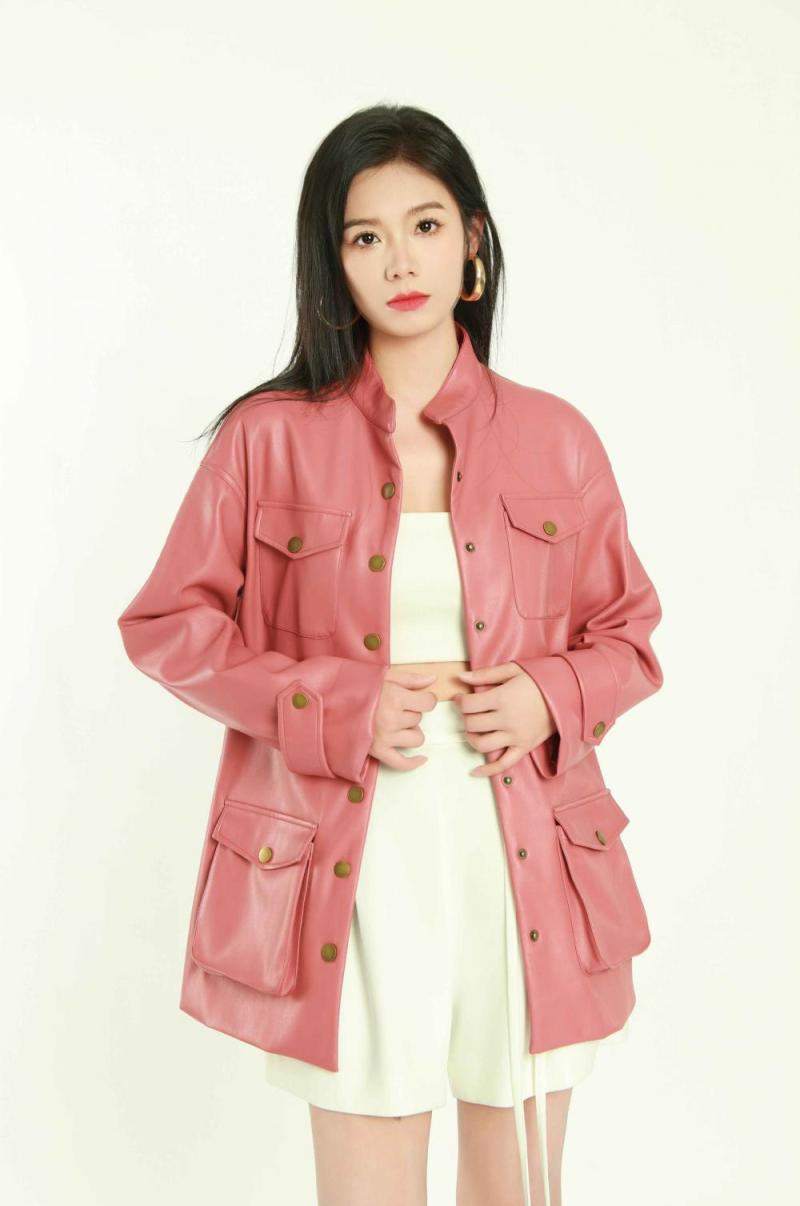 Ladies Stand Collar Leather Coat