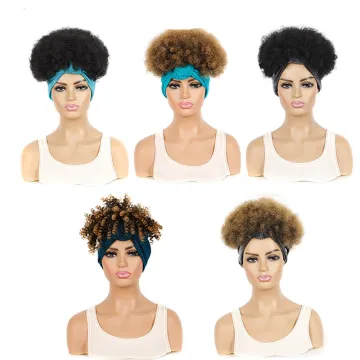 Wholesale Ombre Cheap Turban Afro Wig Afro Wig Short Heat Resistant Kinky Curly Synthetic Wig With Headband Attached For Women