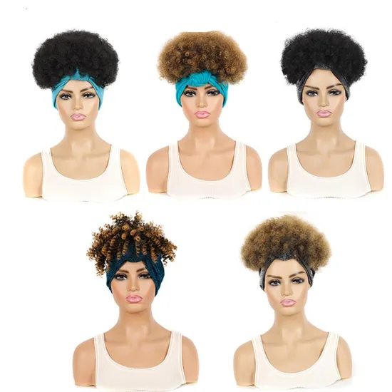 Wholesale Ombre Cheap Turban Afro Wig Afro Wig Short Heat Resistant Kinky Curly Synthetic Wig With Headband Attached For Women