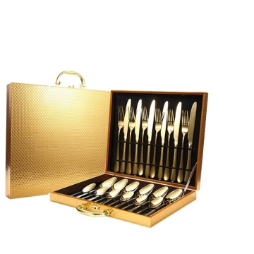 Golden 24pcs مجموعة مسطحات من الفولاذ المقاوم للصدأ مع حامل أدوات المائدة