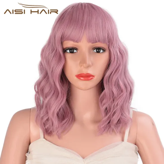 Aisi Hair Wholesale Hign Quality Synthetic Short Bob Pink Wig With Neat Bangs Short Curly Wave Wigs For Black Women