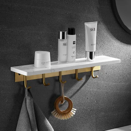 Wall-Mounted Corner Bathroom Shelves with Golden Aluminum Hook