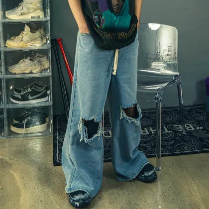 Washed Ripped Jeans Tie Loose Wide Leg Pants