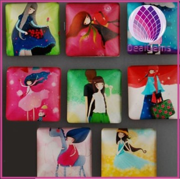 Hot fashion flat 25mm square lucency clear glass cabochon with cute cartoon girls picture