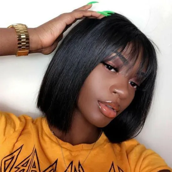 150% Density Wholesale Blonde Brazilian Virgin Hair Ombre Color Bob Human Wig With Bangs For Women