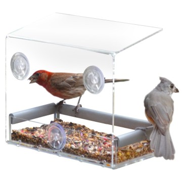 Tranquility Window Bird Feeder in PREMIUM LUCITE ACRYLIC. (I) Removable Tray, (II) 3 Perches, (III) Squirrel Resistant