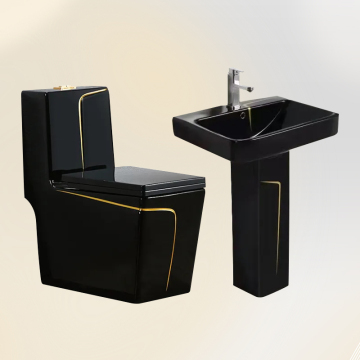 Lüks siyah ve altın modern kare banyo tuvalet ve lavabo seti