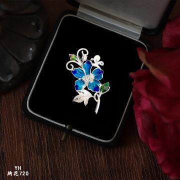 Blue Enamel Floral Sterling Silver Brooch