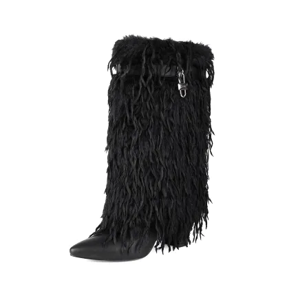 Women Fold Over Faux Fur Mid Calf Boots