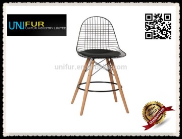 DKR style chrome seat upholstered wire bar stool with wooden legs