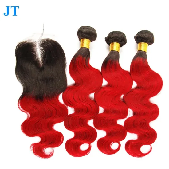 Grade 8A Peruvian Red Ombre Human Hair Bundles With Lace Frontal Or Closure