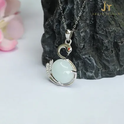 Wholesale Natural Stone Swans 925 Silver Pendant Jewelry Myanmar Jadeite Pendant Necklace
