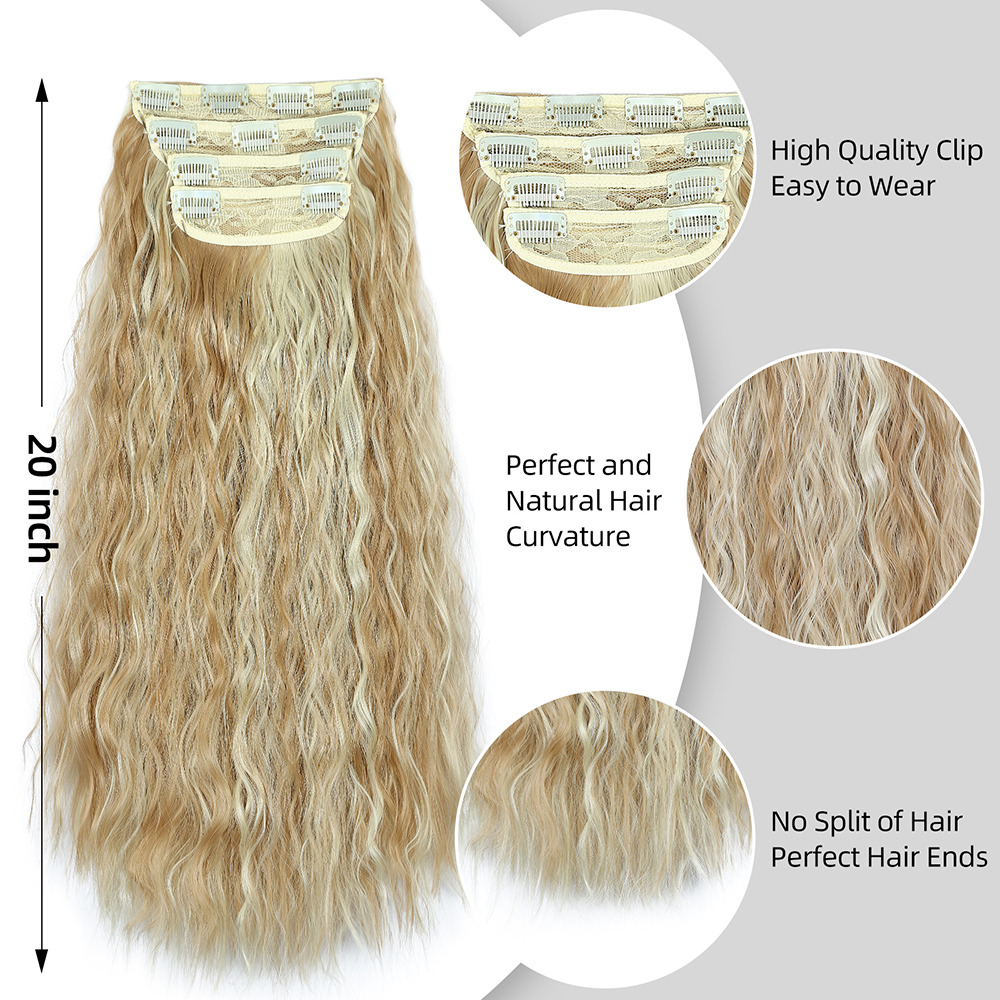 New Arrival Soft Fluffy 4pcs/set 20inch Corn Wave Clip in Synthetic Hair Extension Double Weft Thick Hairpieces for Women