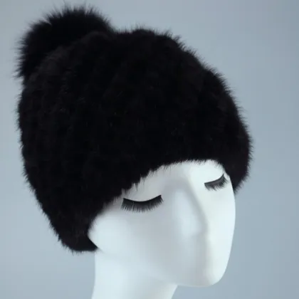 knitted winter hat women beanie hat with fur pom poms mink fur hat