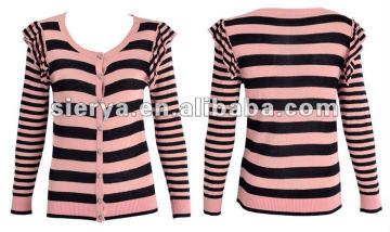 lady's fashion stripes cardign knitted sweater with accessory on top sleeve