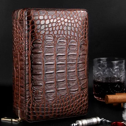 Portable Wood Cigar Humidor Box - Travel Leather Cigar Case for 4 Cigars