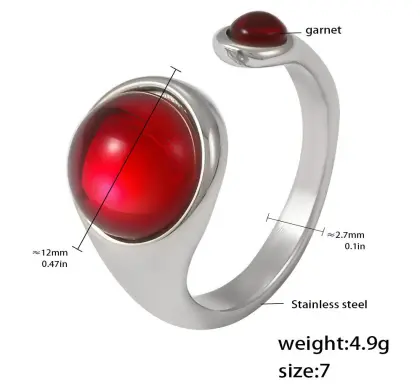 Stainless Steel Natural Crystal Elegant Red Garnet Ring