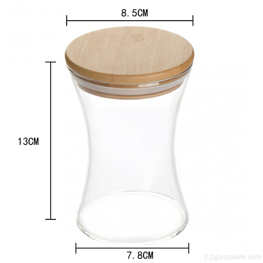 Vaso in vetro a forma di clessidra con coperchio in bambù