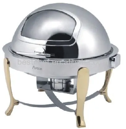 Round roll-top chafers with golden legs and show window