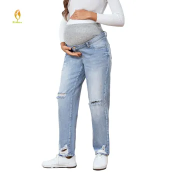 Blue Distressed Maternity Jeans: Plus Size Skinny Pants for Pregnant Women