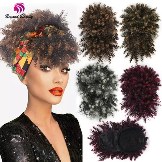 Cheap Curly Ponytail With Bangs Black Brown BUG Natural Curly Bangs With Buns Fluffy Synthetic Drawstring Ponytail