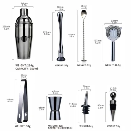 Portable 8-Piece Bartender Kit with 750ml Martini Shaker - Food Grade Metal Barware Tools