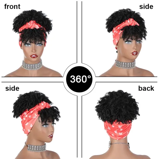 Free Sample Wigs Black Women Grip With Scarf Synthetic Attached Curly Bangs Kinky Hair Band Chignon Headband Wig