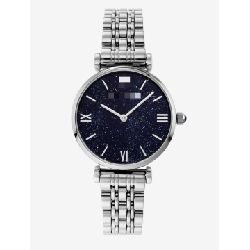 Reloj de pulsera de cuarzo con esfera azul oscuro estrellado para mujer, reloj de vestir con pulsera de acero inoxidable 316L plateado de 32 mm con cierre desplegable